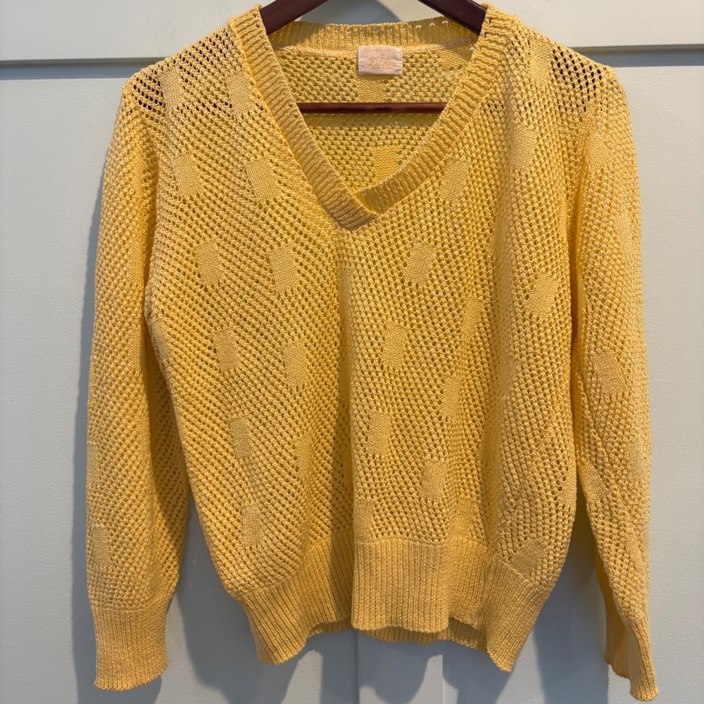 Vintage DiFini Sweater Medium‎ Butter Yellow Open Knit V-Neck Pointelle USA